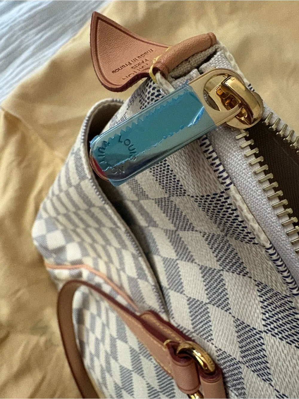 Louis Vuitton Damier Azur Checkered Tote with Tan Leather Handles